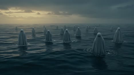 mysterious apparitions rise from the ocean's depths, cloaked in spectral shrouds, creating an eerie and haunting scene against a cloudy twilight sky