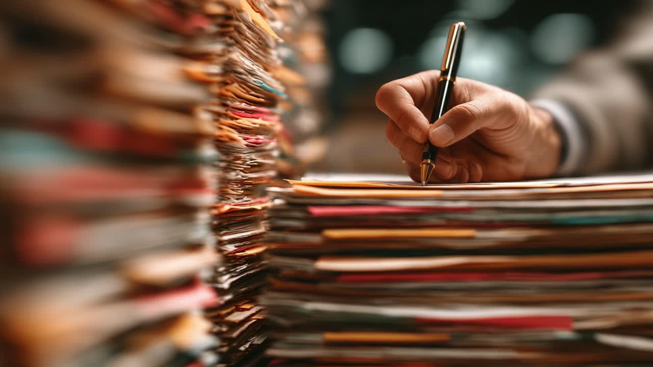 Et fokuseret øjeblik med skrivning midt i et hav af organiserede dokumenter: Indfanger essensen af produktivitet og kontoropgaver i aktion