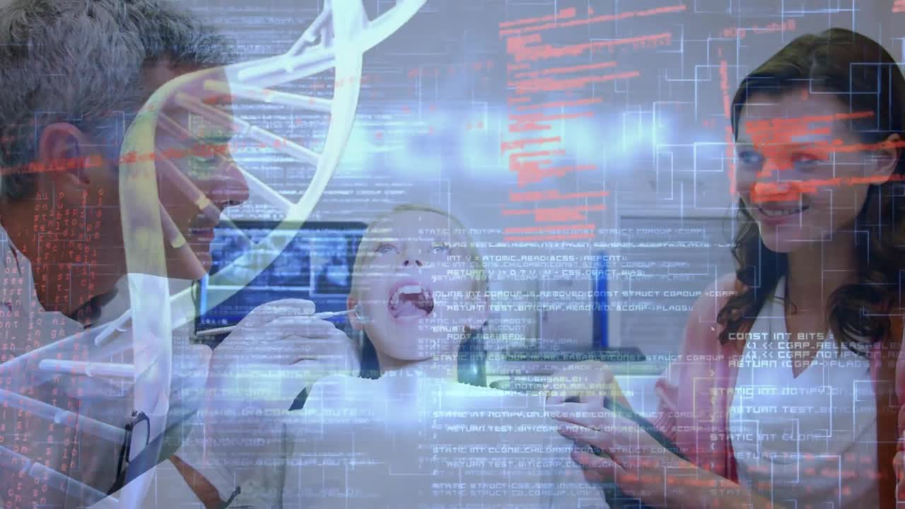 animación del procesamiento de datos médicos sobre dos dentistas caucásicos y un paciente