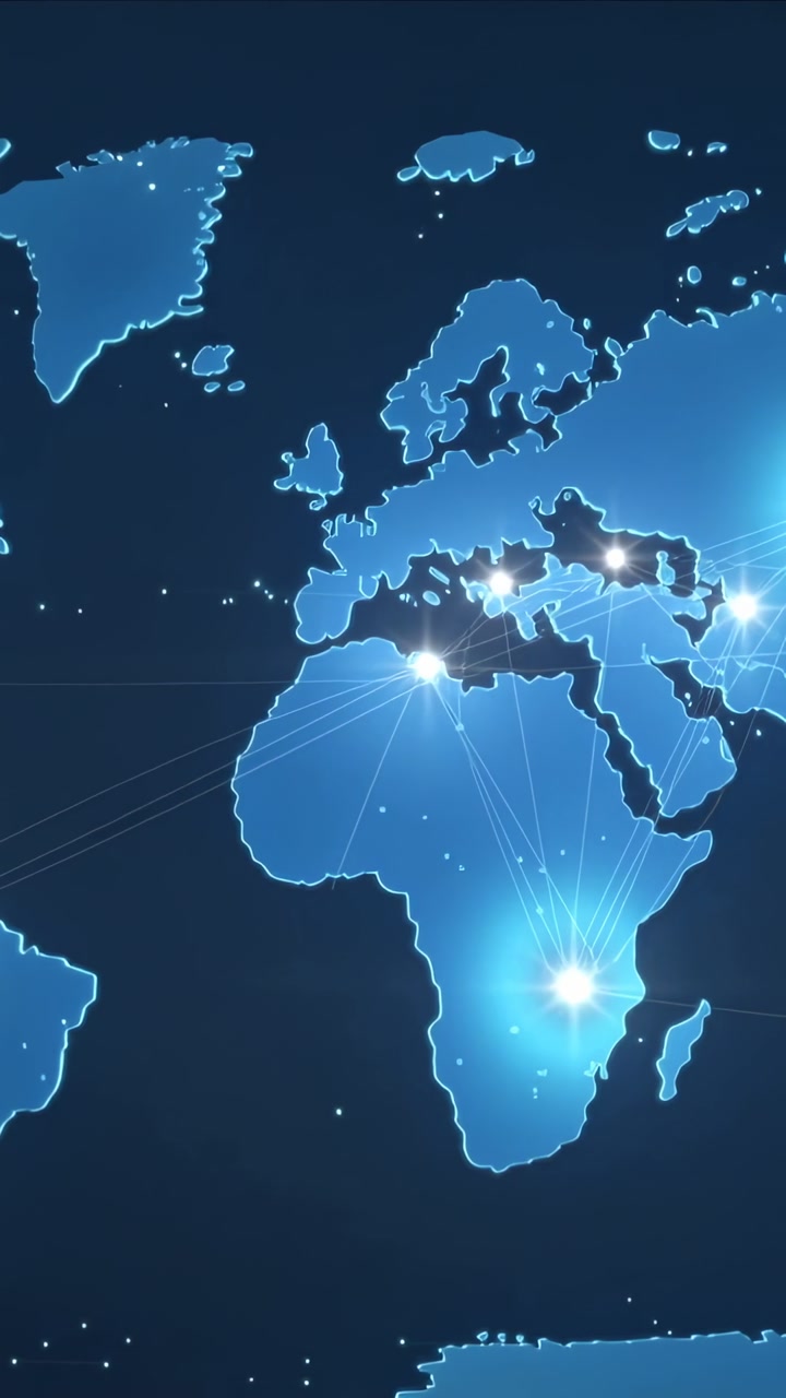 Vertical video: Shifting map view causing glowing flare and fanning light lines over Atlantic nodes