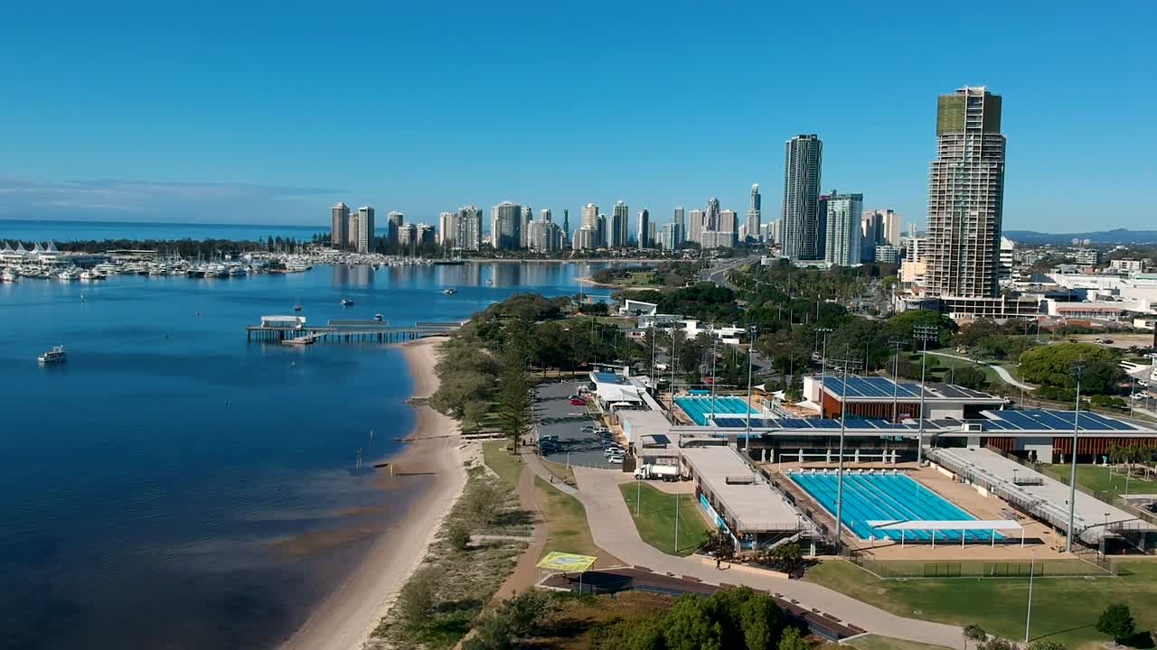 Aerial view showing Australia's Gold Coast waterways and urban sprawl on a clear day