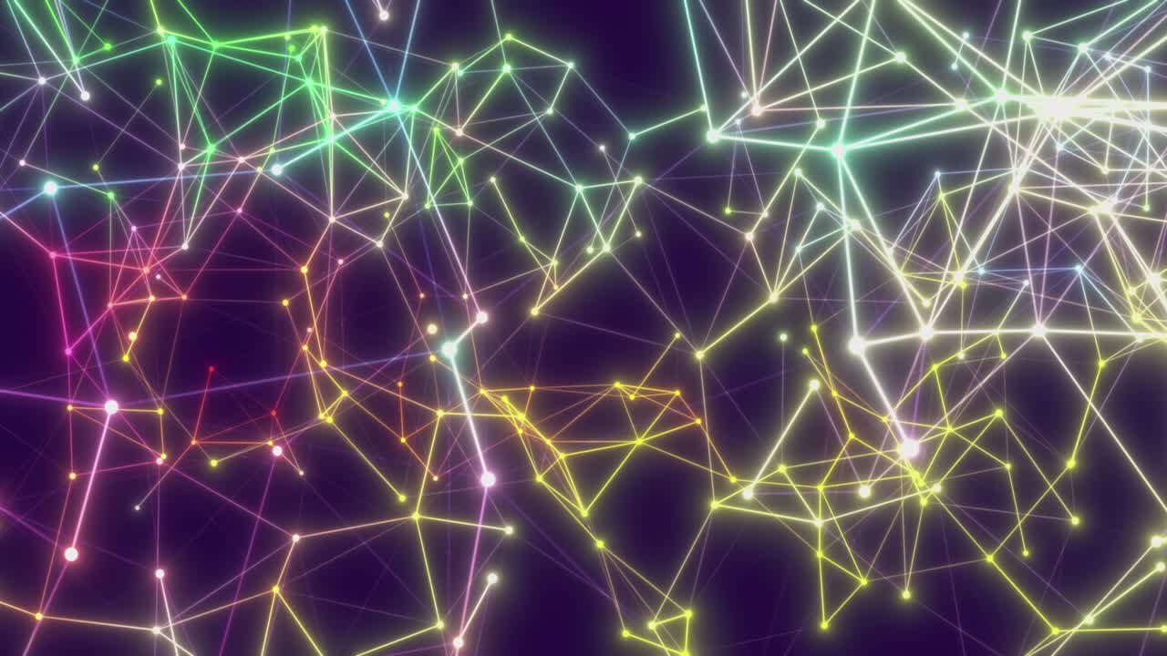Plexus of abstract blue and violet geometrical lines with moving triangles and dots on a black background. Loop animations