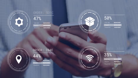 Holding smartphone, hands tracking order with digital icons and animation data