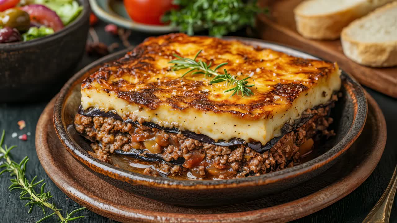 Moussaka, a traditional Greek casserole, features layers of eggplant, minced meat, and a creamy bechamel sauce, baked to perfection and garnished with a sprig of rosemary