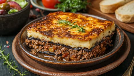 moussaka, a traditional greek casserole, features layers of eggplant, minced meat, and a creamy bechamel sauce, baked to perfection and garnished with a sprig of rosemary