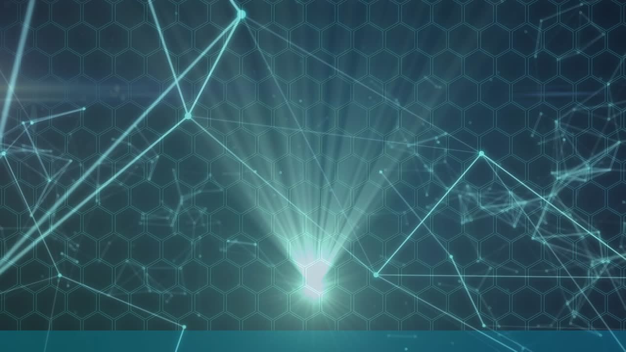 Animation of connections, lights and hexagons in green digital space