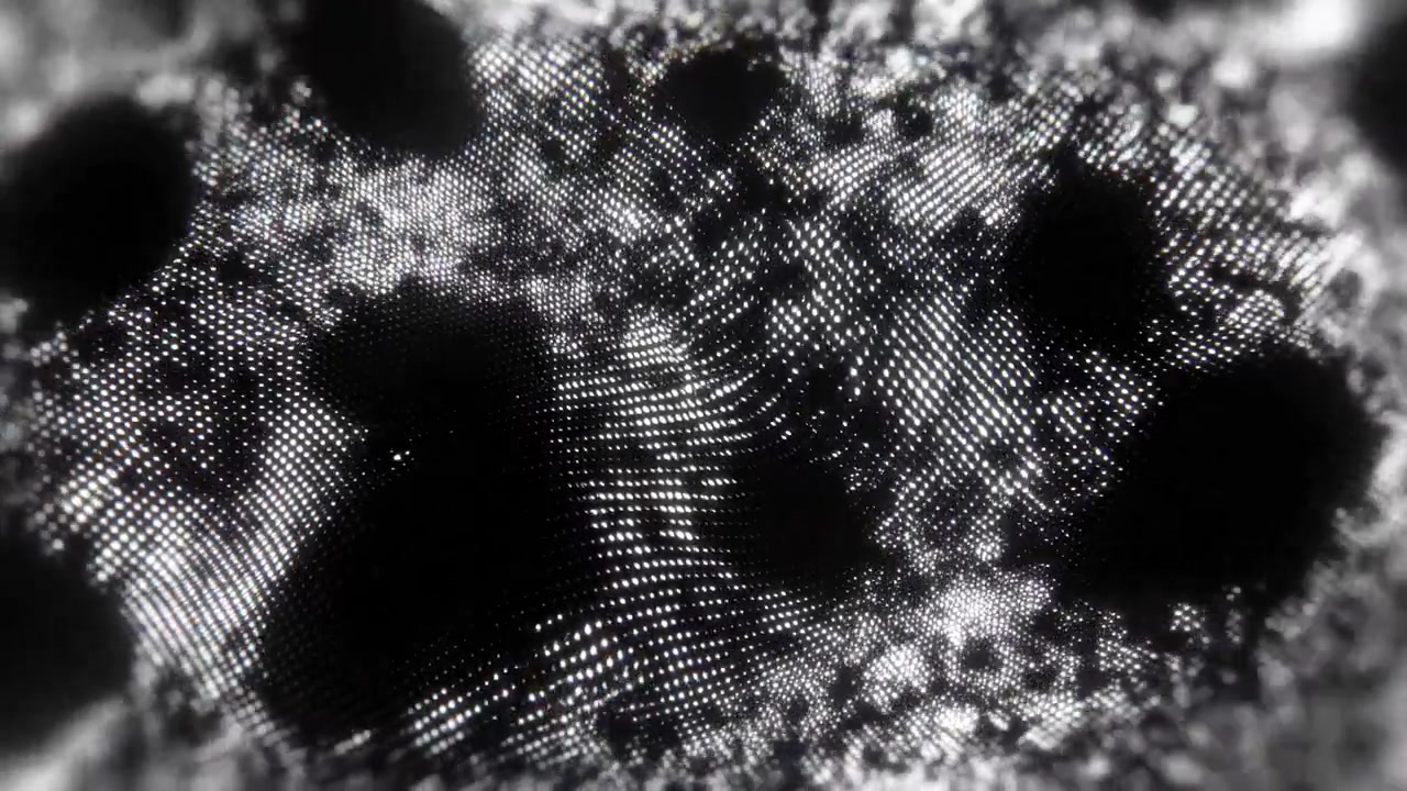 Texture mezzatinta monocromatica con vuoti organici, movimento di ispirazione microscopica che rivela matrici di punti e nero