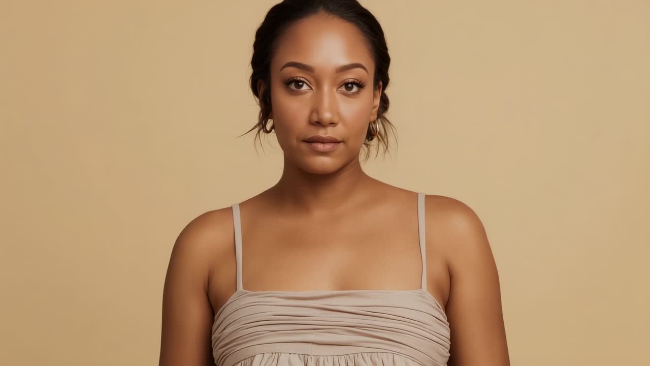 Camera pulling back, woman wearing beige ruched top and holding pose in studio for portrait framing