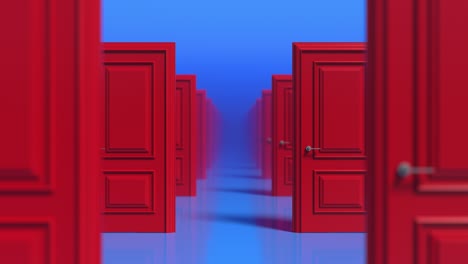 rows of red wooden closed doors on a blue background. there are many ways to choose. decision making concepts, different possibilities. choice, business and success concept. fog. 3d animation loop, 4k