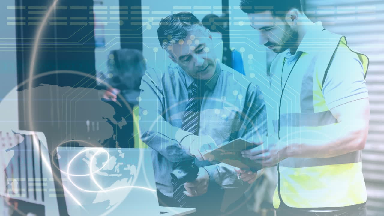 composición de almacén de dos hombres en el almacén frente a una computadora combinada con un tur