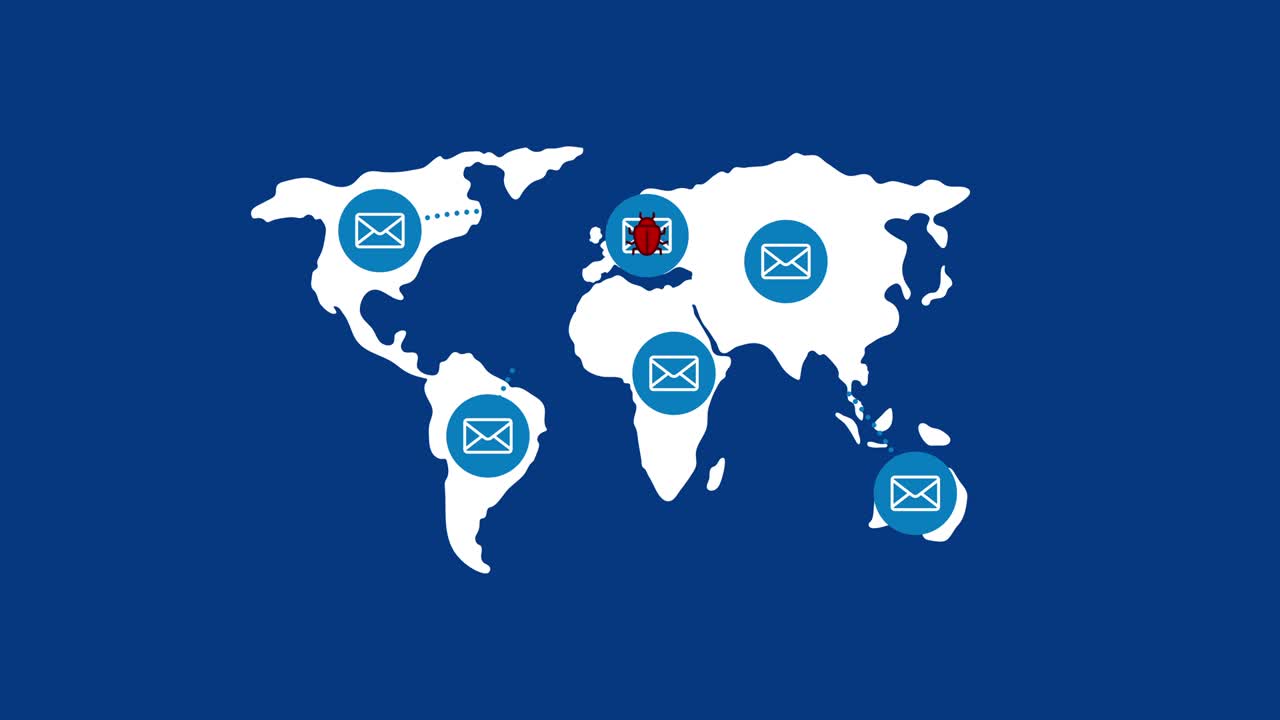 икона электронной почты с вредоносным программным обеспечением, вирусом или ошибкой появляется на карте мира, интернет-коммуникации хакерская атака концептуальный дизайн на синем фоне бесшовная циклическая анимация 4k с матовым альфа-каналом