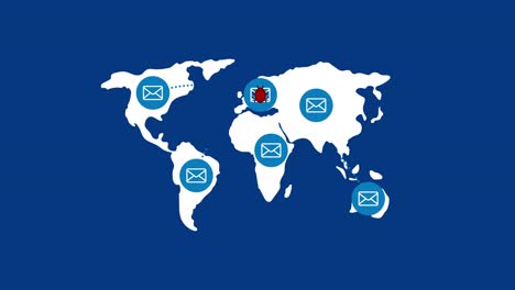 email icon with malware, virus or bug pop up on world map, internet communication hacker attack concept design on blue background seamless looping animation 4k with matte alpha channel