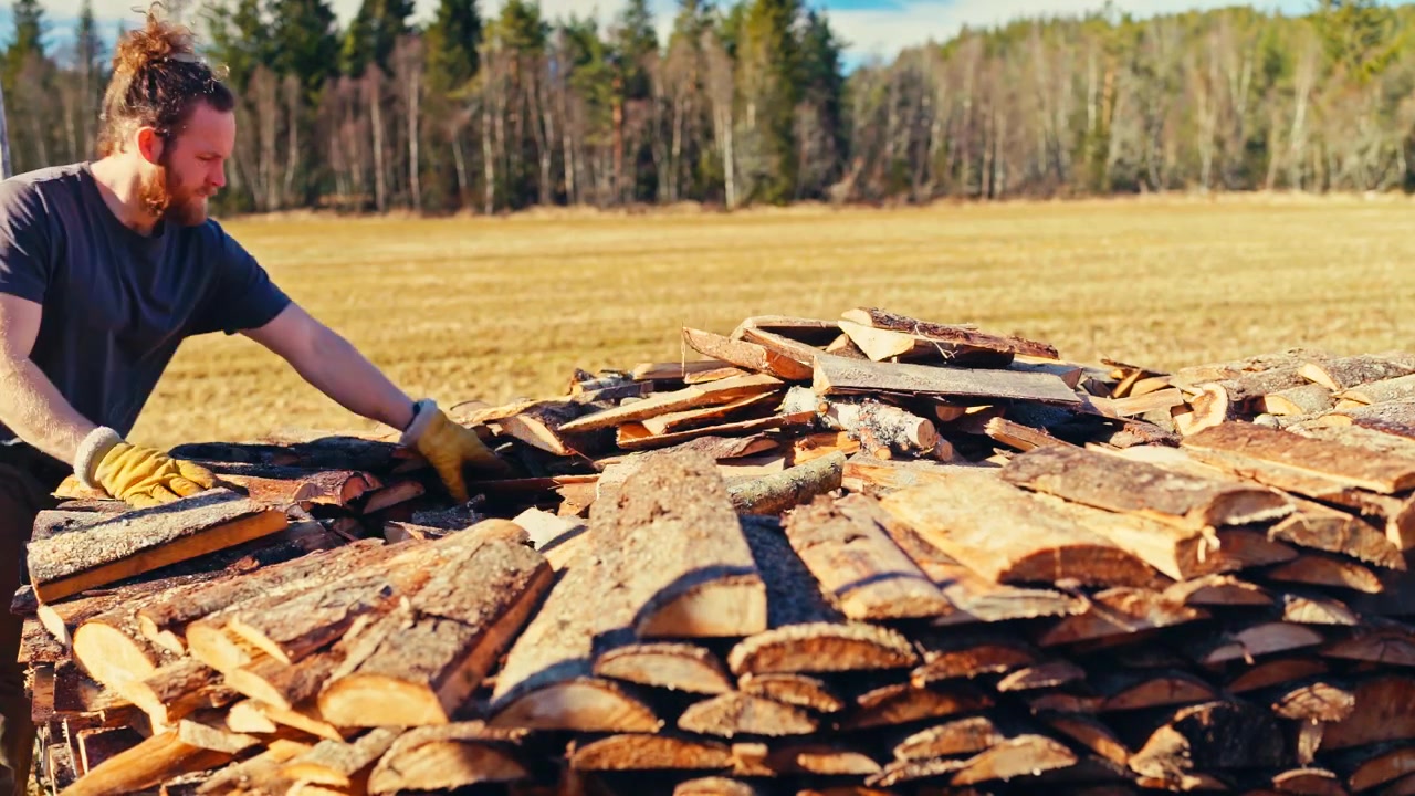 Man Constructs A Norwegian Wood Pile Using Cut Timber Logs In A Rural Field On A Countryside Farmstead.