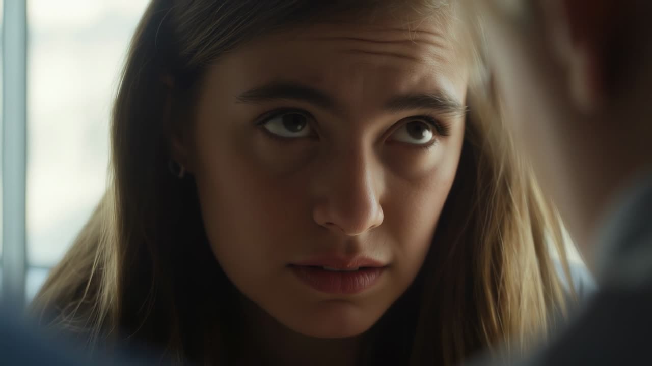 Adolescente con los ojos cerrados, barbilla levantada, escuchando una voz fuera de campo cerca de la ventana, con un cuello