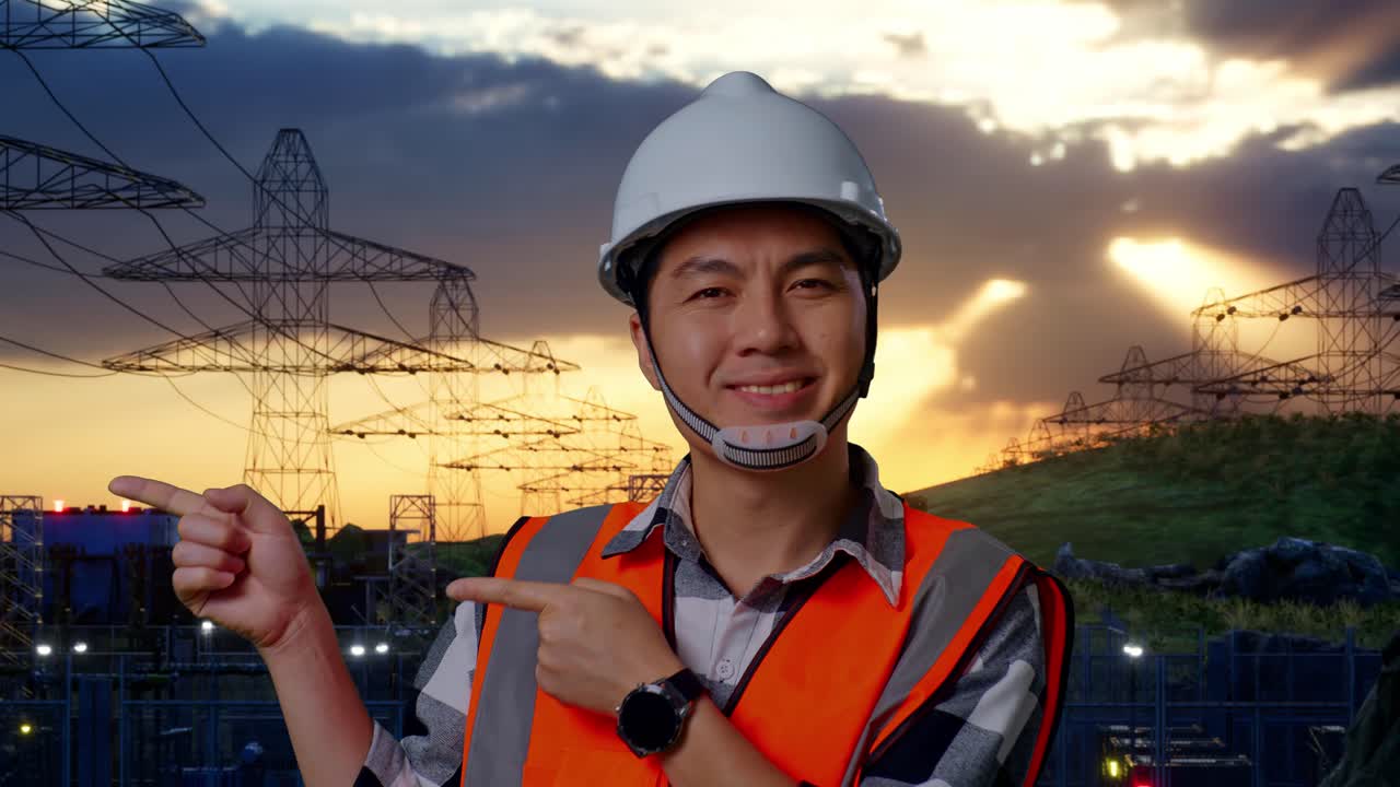 close up de ingeniero masculino asiático con casco de seguridad sonriendo y apuntando a un lado mientras está de pie cerca de la torre de alto voltaje