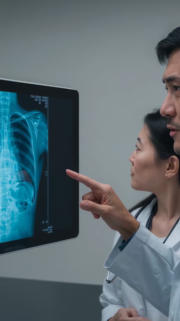Vertical video: Pointing Dr pointing at xray on screen for diagnosis, steth, white-coat, copy space