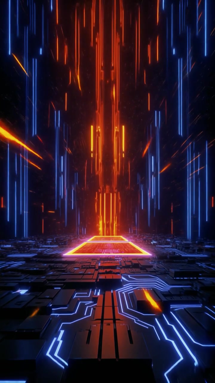 Futuristic Digital Circuit Board with Glowing Neon Light Particles
