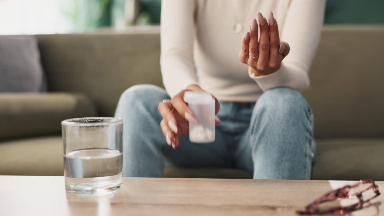 한 잔의 물과 함께 약을 먹는 여자