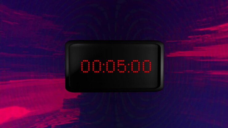 Animation of red digital timer changing with pink light trails on purple background