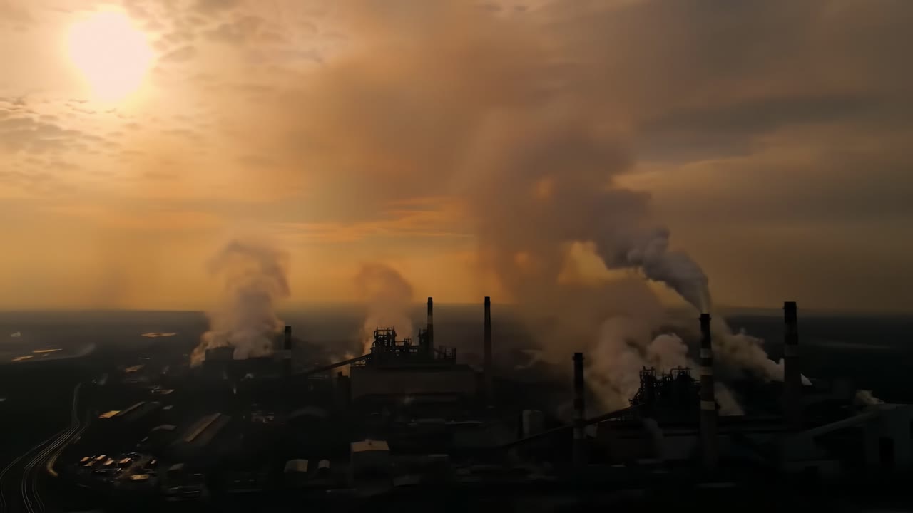 Industrial Complex at Dusk: Capturing the Contrast of Smoke and Sunlight Over an Expansive Manufacturing Facility in a Stunning Aerial View
