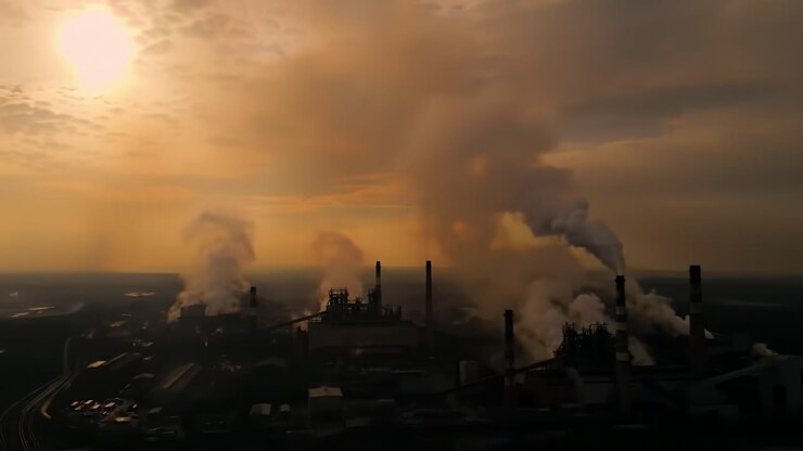 Industrial Complex at Dusk: Capturing the Contrast of Smoke and Sunlight Over an Expansive Manufacturing Facility in a Stunning Aerial View