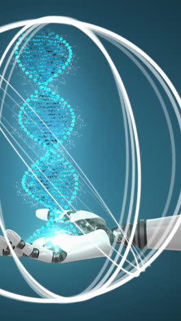 Animation of dna strand and white circles over robot's arm