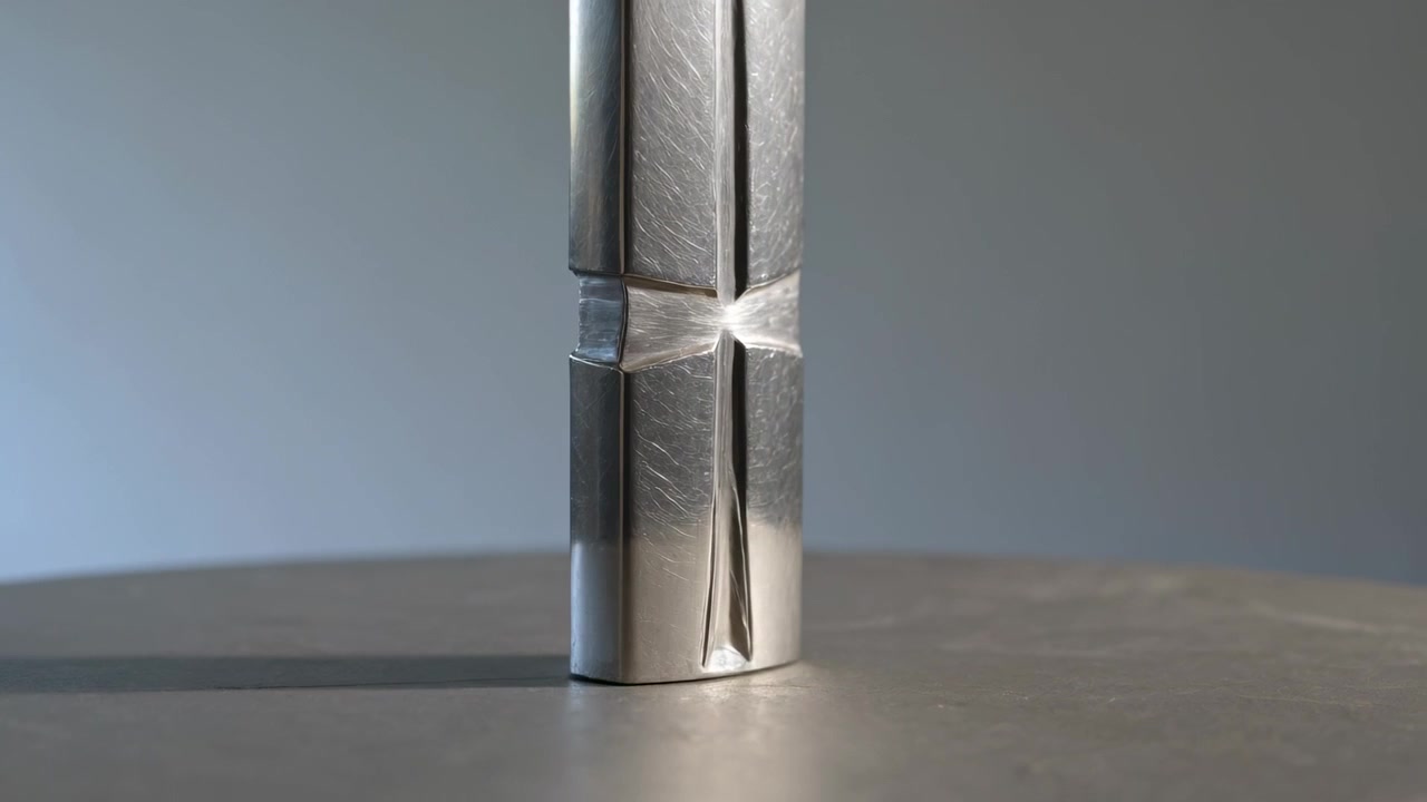 Schiacciamento dall'alto che costringe un'asta a piegarsi a forma di stella, creando una fessura per taglio su un tavolo rotondo, con una parete grigia illuminata lateralmente.