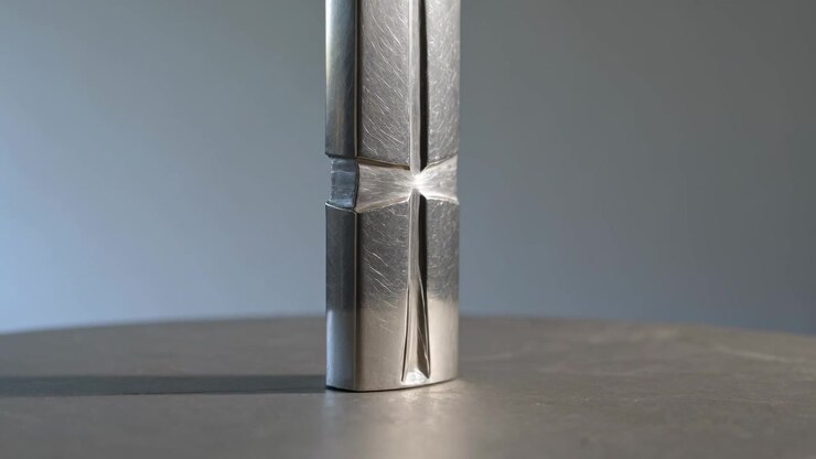 Crushing above forcing rod buckling into star, shearing slit atop round table, side-lit gray wall