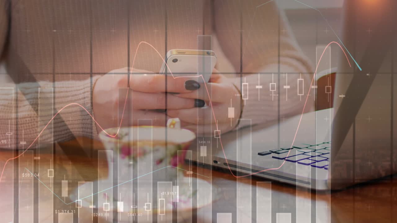 animación de estadísticas y procesamiento de datos sobre mujeres que usan teléfonos inteligentes