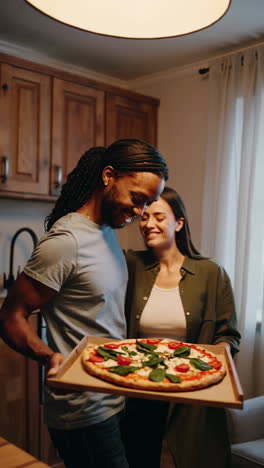 people enjoying pizza in a kitchen setting