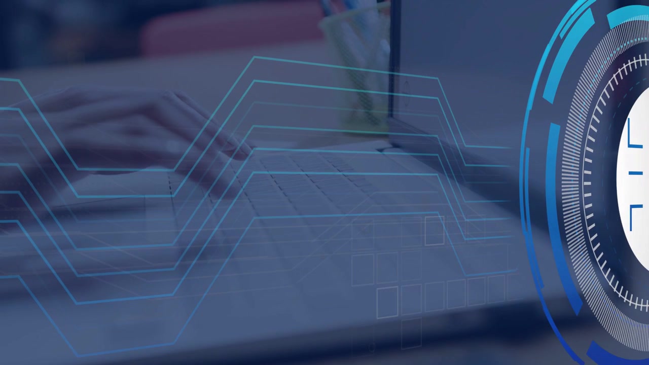 Woman typing at desk initiating lock HUD fading in as cyan lines sweeping keys for cybersecurity