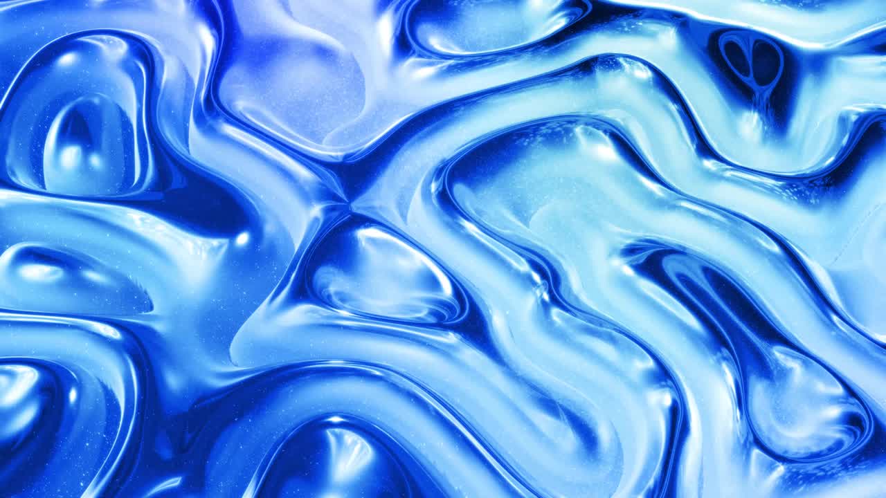 반이는 반이는 표면에 파란색 패턴을 가진 물결 모양의 추상적인 액체 배경; 포일 또는 반이는 유리 표면과 같은 점성 파란 액체; 아름다운 창의적인 축제 배경; 간단한 밝은 bg.
