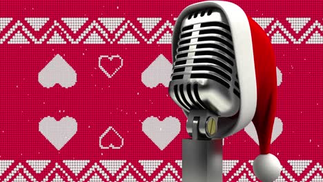 Animation-of-santa-hat-on-vintage-microphone-over-heart-icons-on-red-background