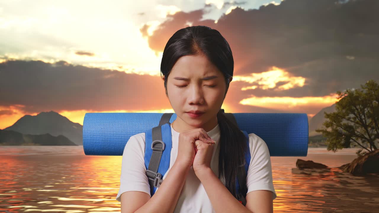 Close Up Of Asian Female Hiker With Mountaineering Backpack Pray For Something At A Lake
