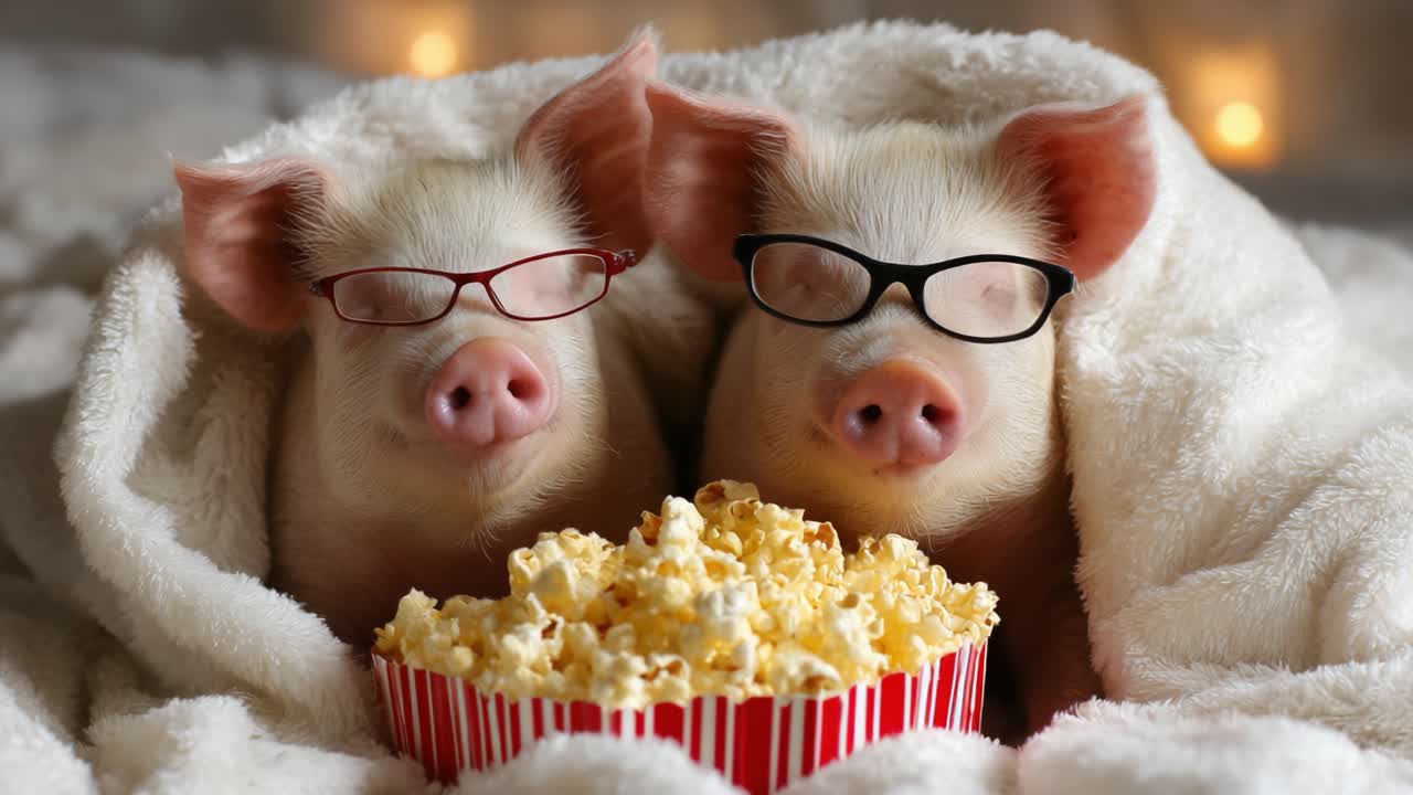 Two Adorable Pigs Snuggle Up in a Cozy Blanket, Sporting Glasses While Enjoying a Bowl of Popcorn Together in a Fun and Whimsical Movie Night Setting