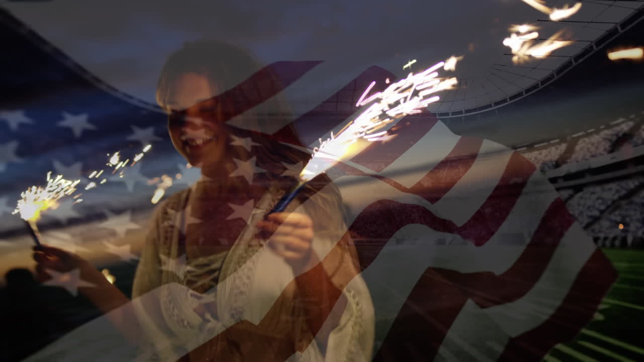 Animation of waving flag of usa over group of friends having fun on the beach and stadium