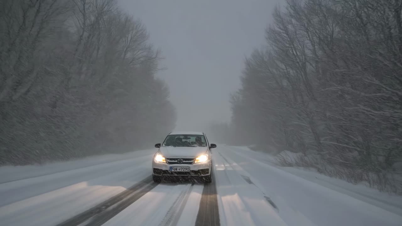 A car drives through a snowy forest road, captured from a low front angle