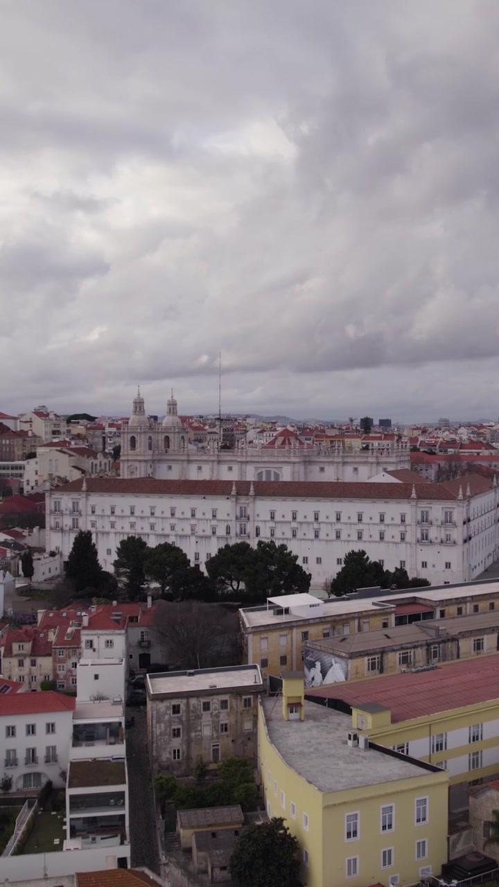 Vertical drone push-in showcasing the National Pantheon, São Vicente de Fora Monastery, historic architecture, and Alfama cityscape.