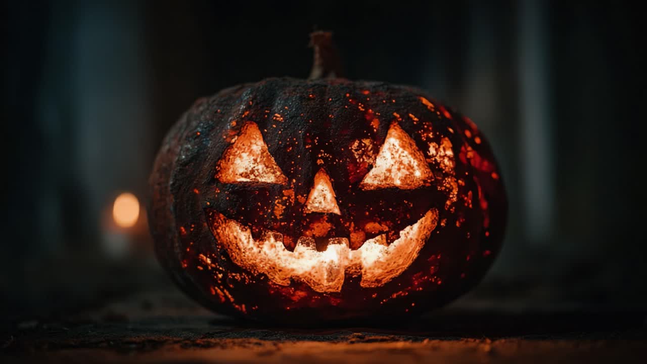 Un primo piano ipnotizzante di una zucca di Halloween finemente intagliata con la luce tremolante di una candela, che cattura l'essenza delle celebrazioni spettrali in un'atmosfera incantevole
