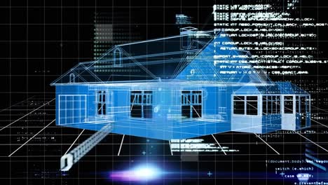 Animation-of-rotating-house-model-over-black-background-with-data-processing