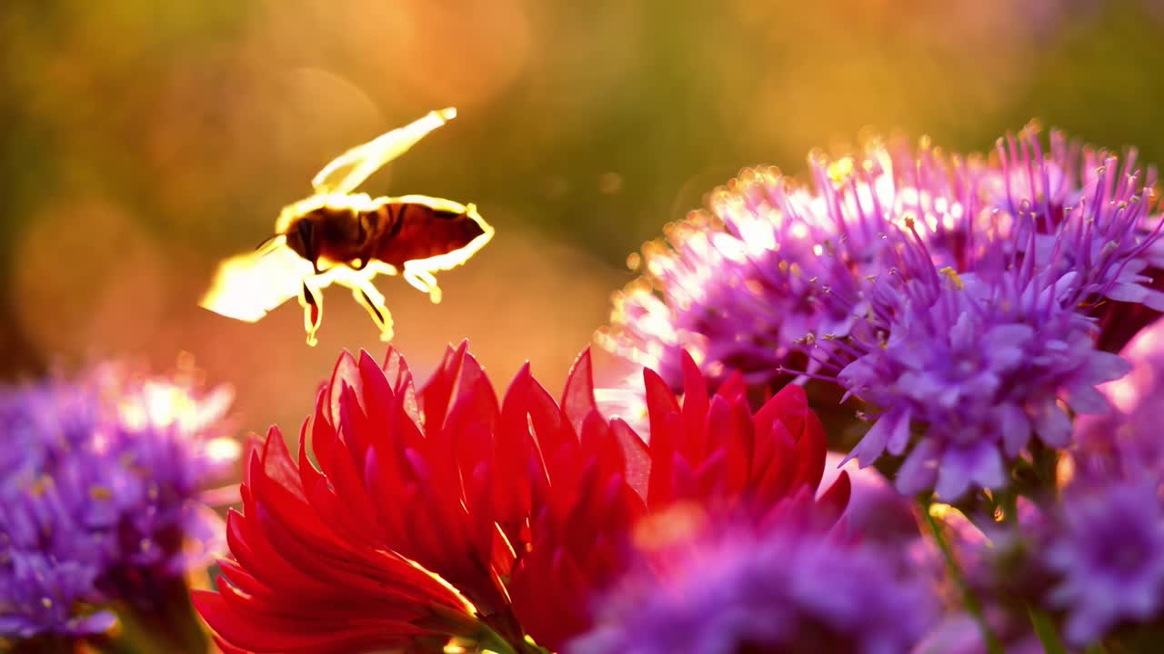 Close-up video of a bee on vibrant flowers, captured at eye level with warm, glowing light