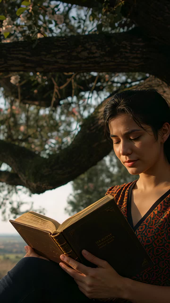 Vertical video: Sitting beneath gnarled branch, woman reading worn book in V-neck dress, copy space