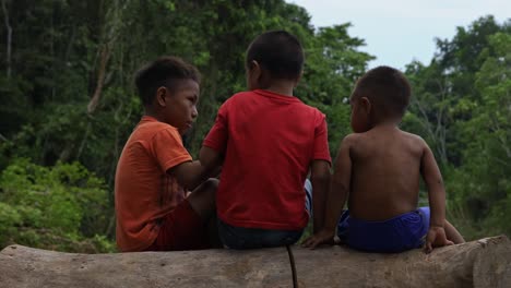 three brazilian boys sit on a log with their backs turned to the camera