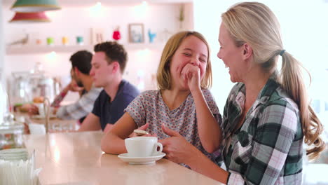 mother and young daughter sitting at the counter in a cafe