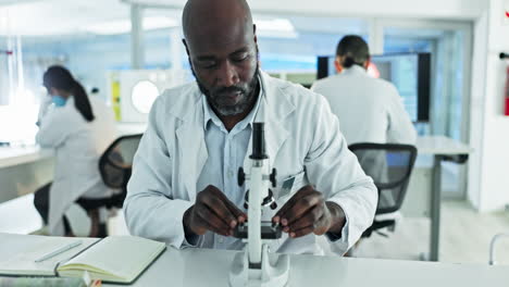 research, microscope or black man scientist