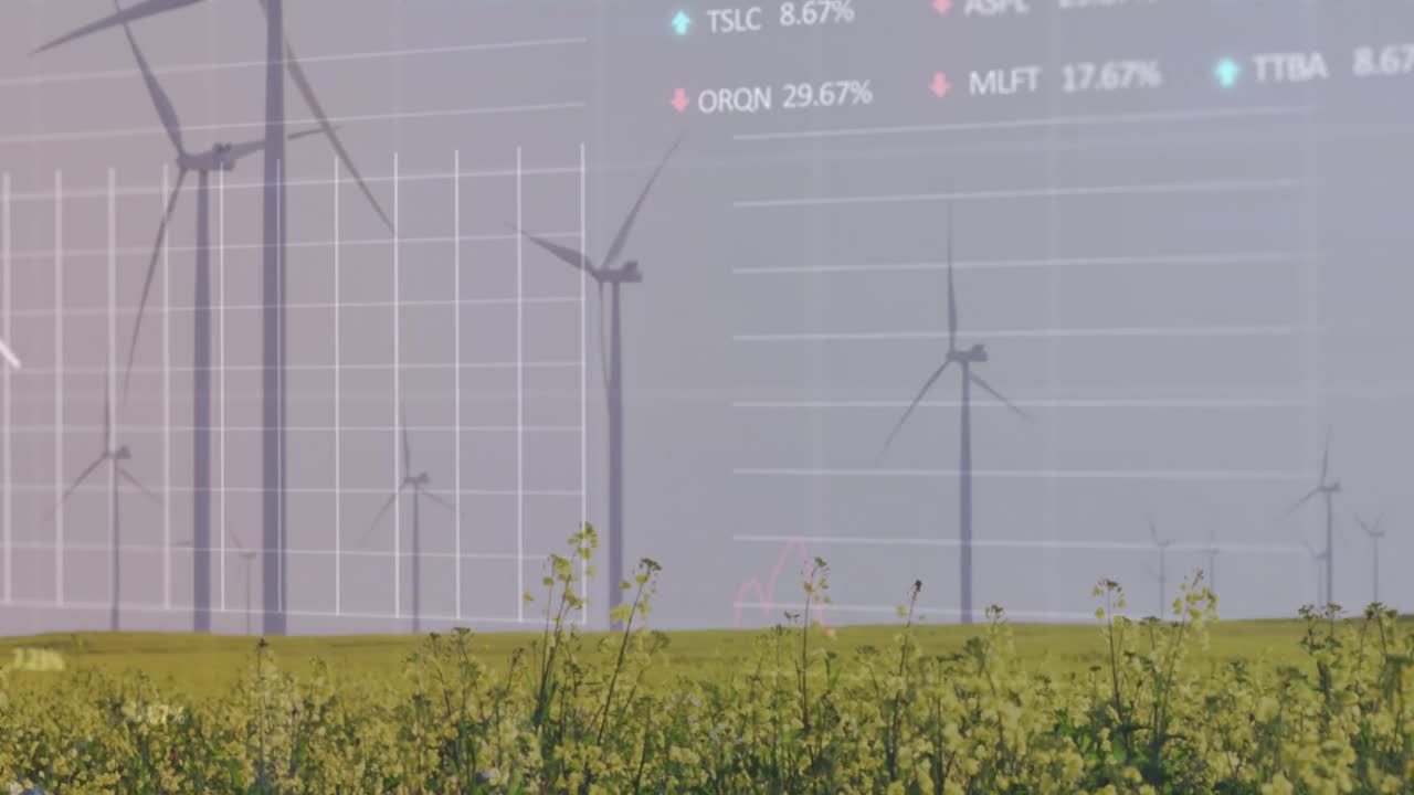 그래프의 애니메이션, 거래 보드 및 로딩 서클, 은 하늘에 대 한 녹색 필드에서 풍차