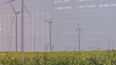 animation of graphs, trading boards and loading circles, windmill on green field against clear sky