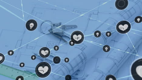 Animation of network of connections with icons over keys and architect's drawings