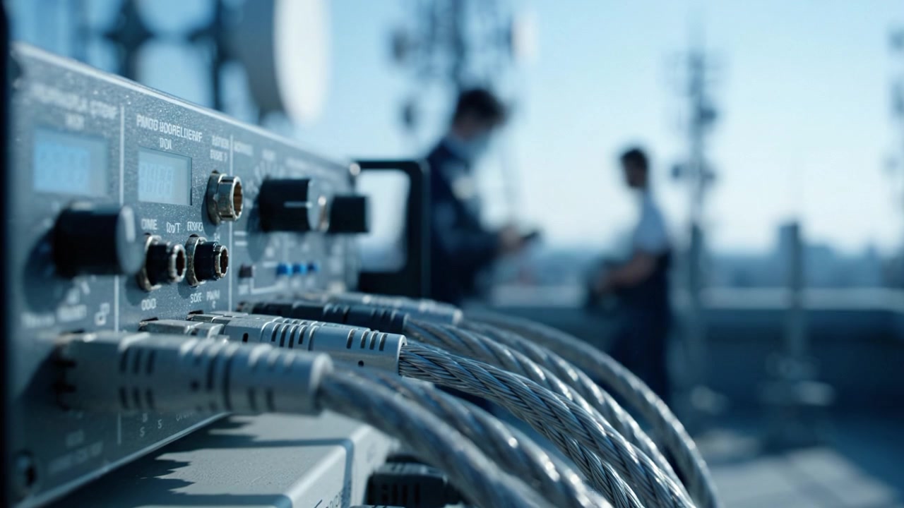 Close-up of Communication Equipment on a Rooftop with Base Stations and Antennas in the Background, Highlighting the Importance of Connectivity and Technology