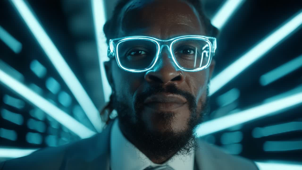 A Dapper Individual Showcasing Innovative Illuminated Eyewear in a Dynamic Futuristic Setting, Captured During a Cinematic Moment of Style and Confidence